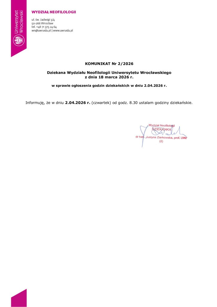 WN nr 2-2026 w sparwie godzin dziekańskich dnia 2.04.2026
